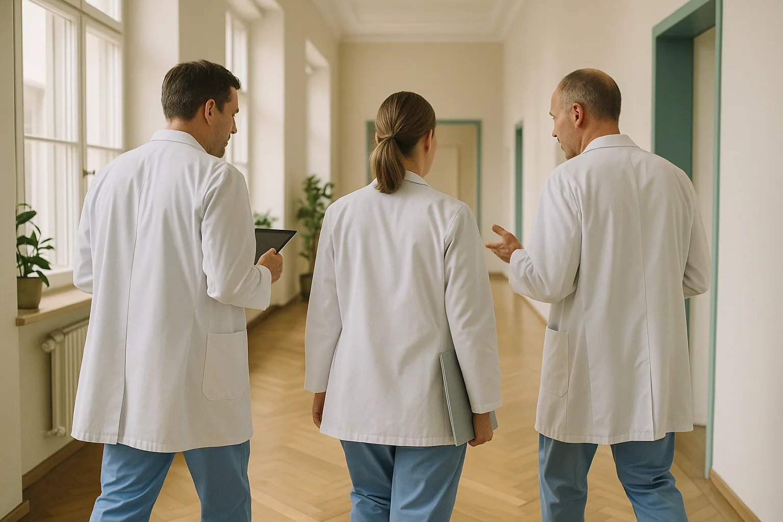 Symbolfoto eines medizinischen Teams in einem hellen Klinikflur