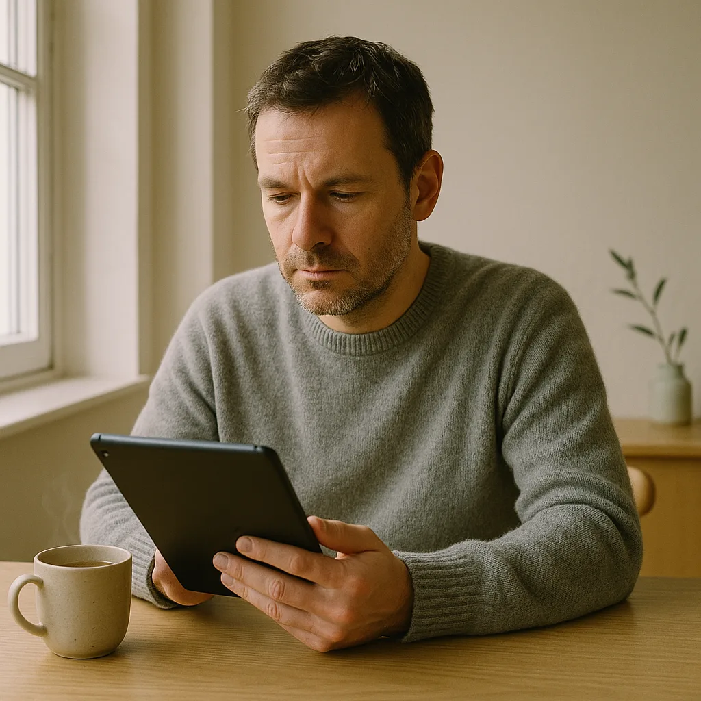 Symbolfoto: Person liest entspannt auf einem Tablet zuhause